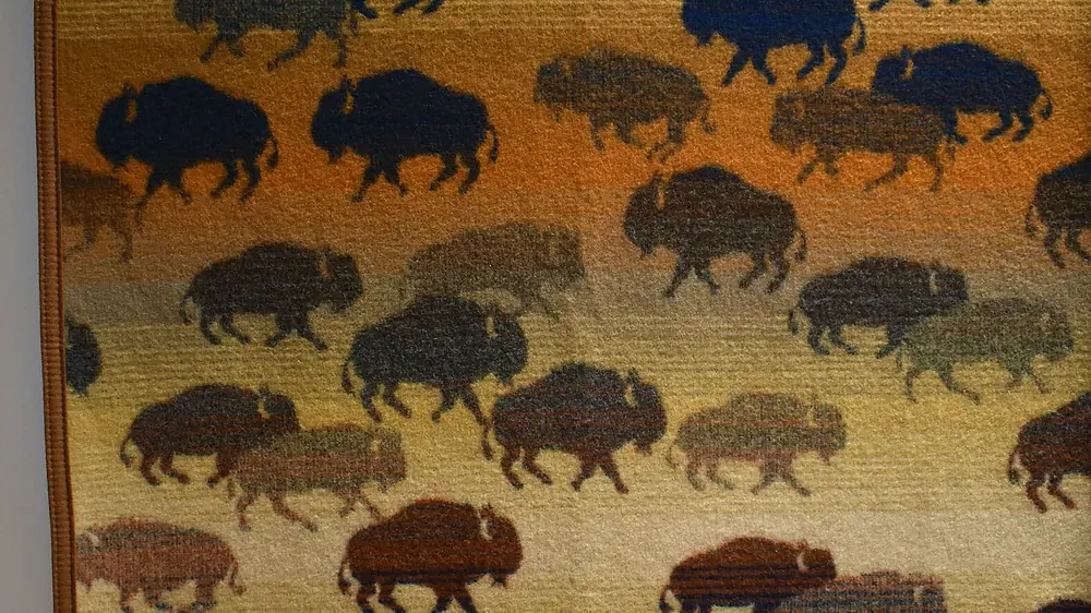 Detail of a Pendleton wool blanket with a pattern of bison. Representative photo, not the exact product.